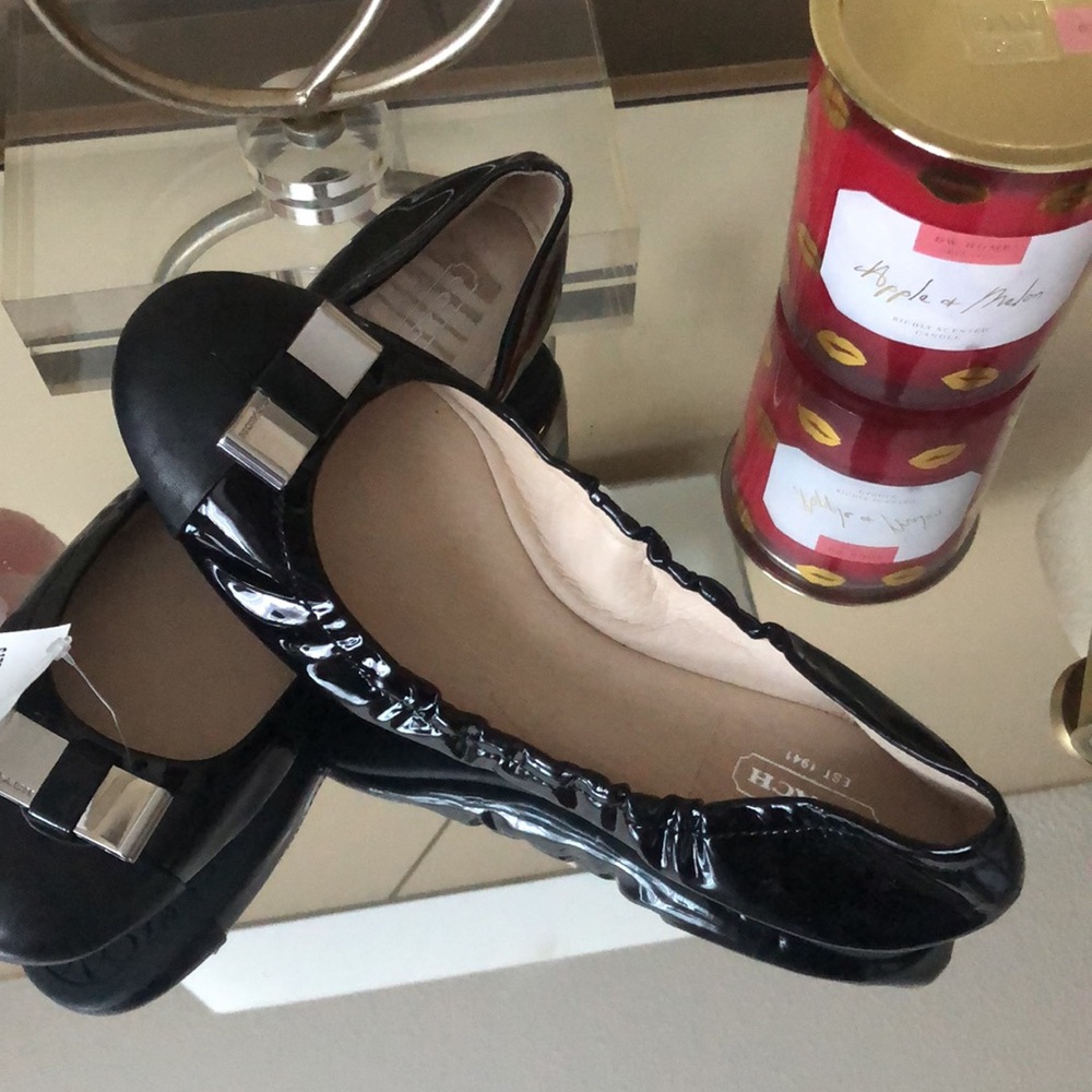New COACH Women's Demi Patent & Tumbled Black Leather Ballet Flats